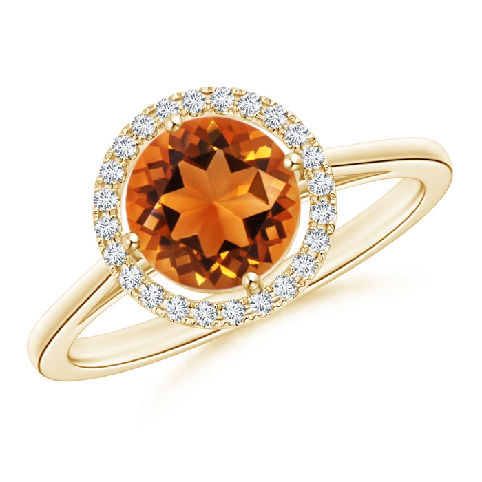 7mm AAAA Floating Round Citrine Ring with Diamond Halo in Yellow Gold 
