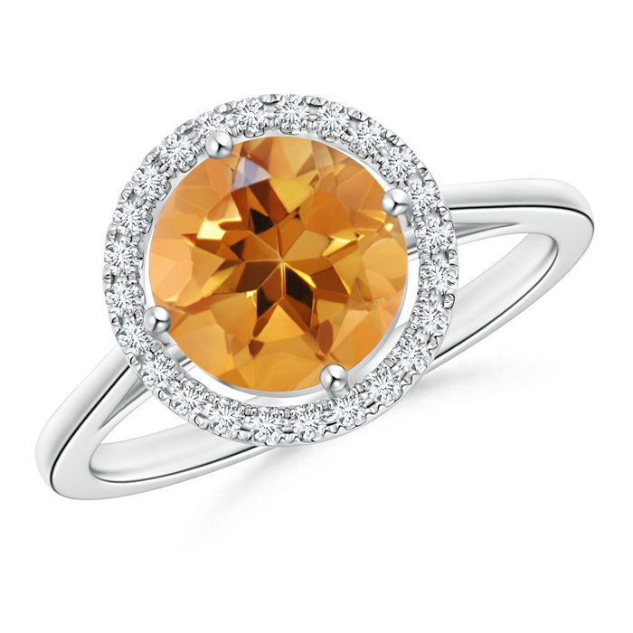 8mm AA Floating Round Citrine Ring with Diamond Halo in White Gold 