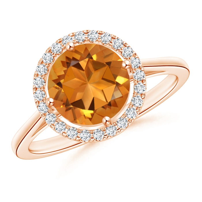8mm AAA Floating Round Citrine Ring with Diamond Halo in Rose Gold 