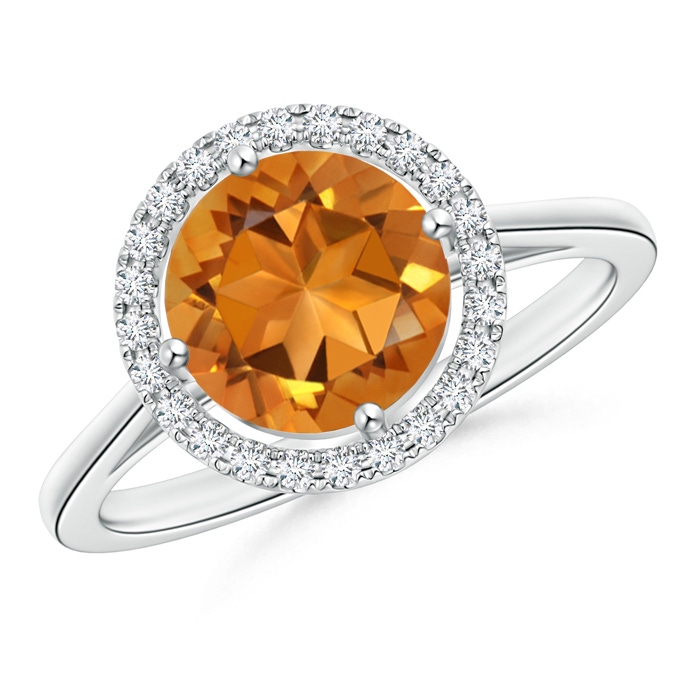 8mm AAA Floating Round Citrine Ring with Diamond Halo in White Gold 