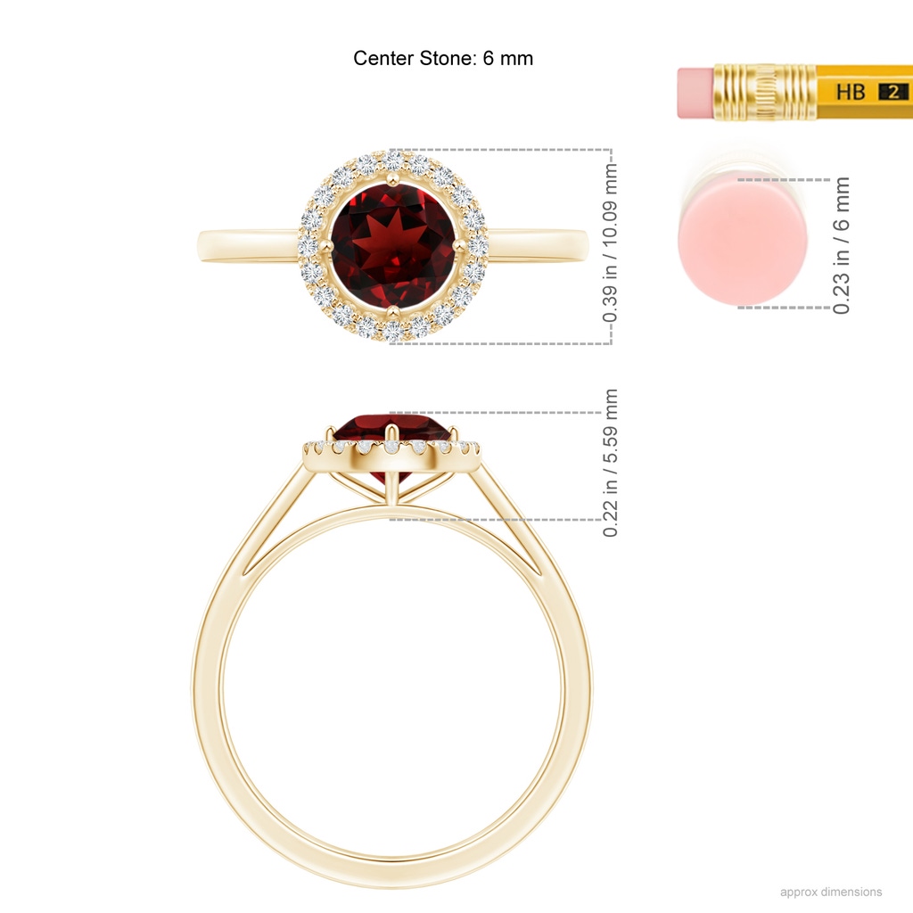 6mm AAA Floating Round Garnet Ring with Diamond Halo in Yellow Gold Ruler