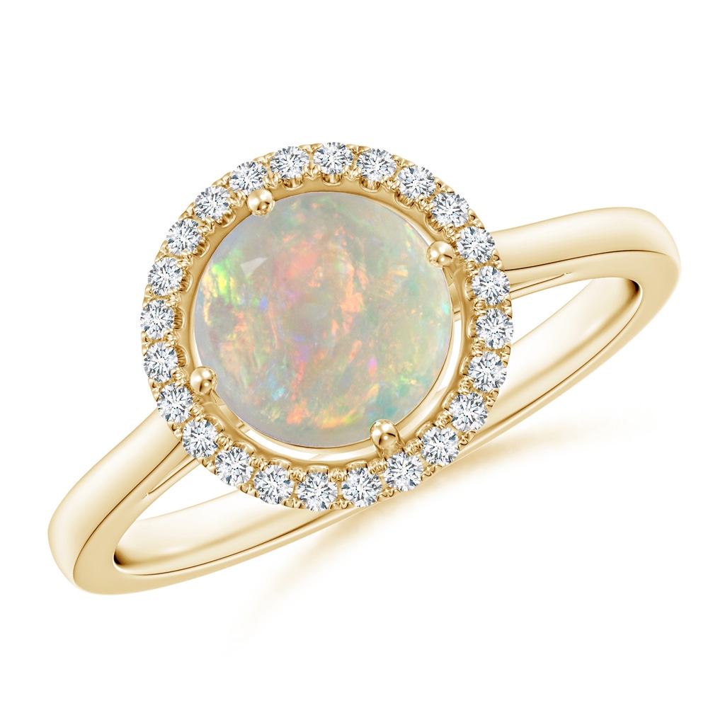 7mm AAAA Floating Round Opal Ring with Diamond Halo in Yellow Gold