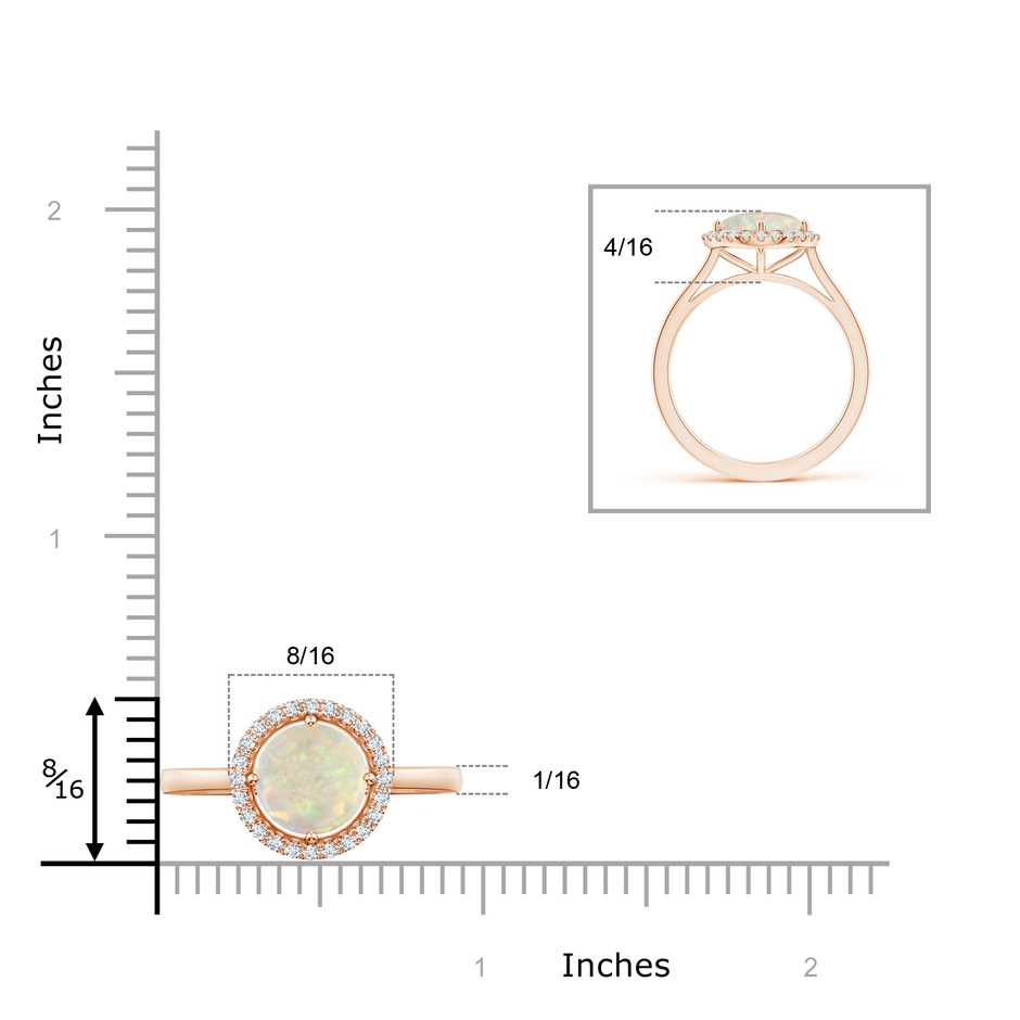 8mm AAA Floating Round Opal Ring with Diamond Halo in Rose Gold ruler