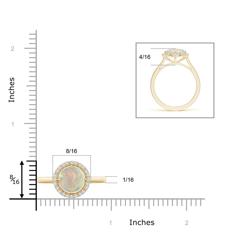 8mm AAAA Floating Round Opal Ring with Diamond Halo in Yellow Gold ruler