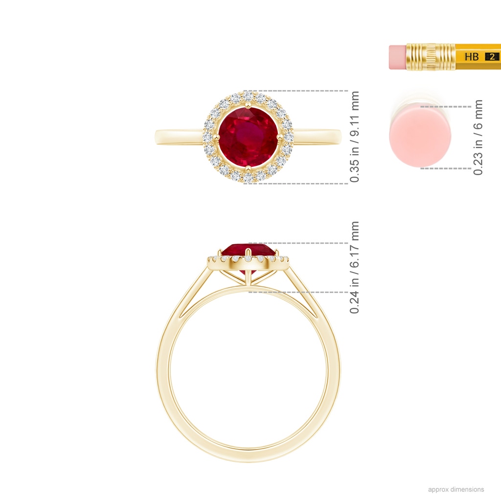 4.82x4.69x2.71mm AA Floating Round Ruby Ring with Diamond Halo in 18K Yellow Gold ruler