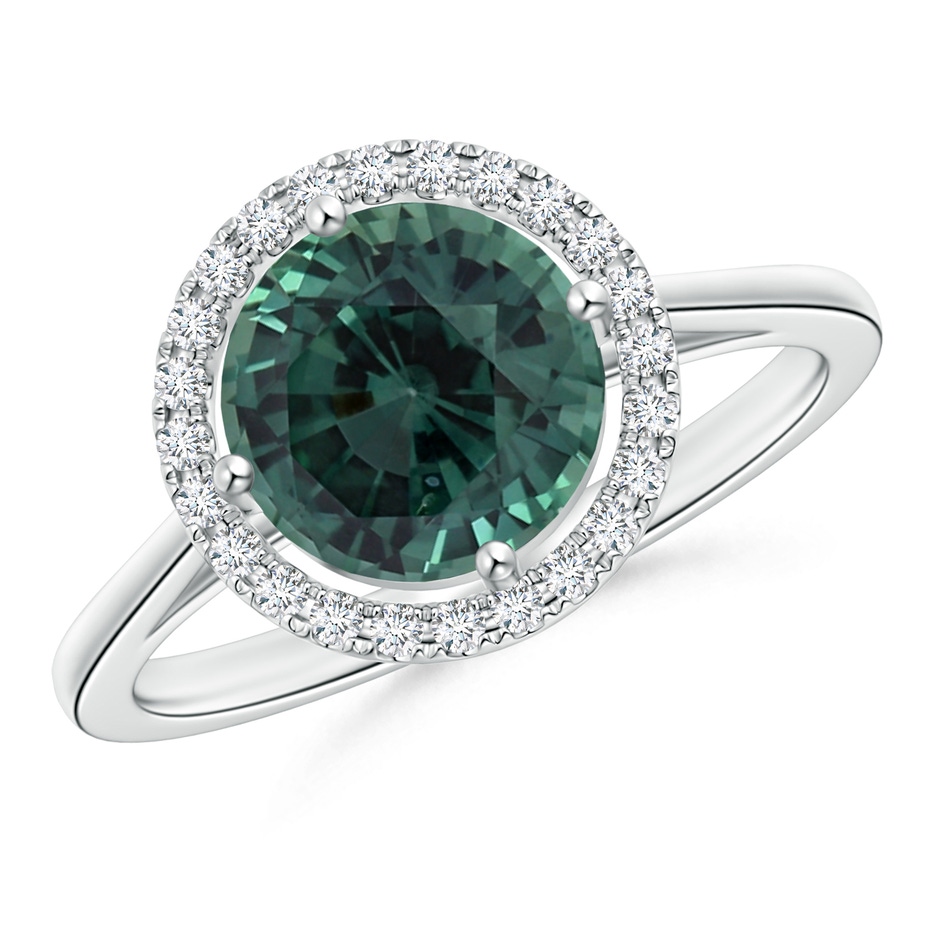 7.50-7.57x5.13mm AAA Floating GIA Certified Round Teal montana sapphire Ring with Diamond Halo in 18K White Gold 
