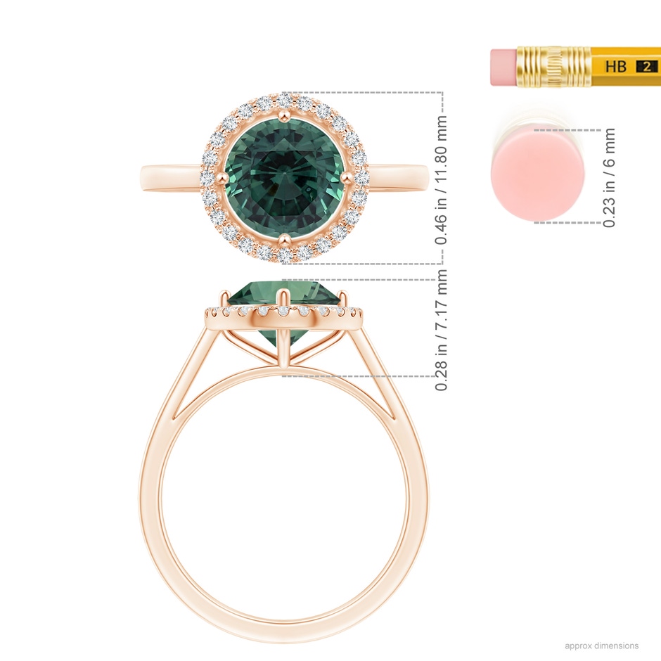 7.50-7.57x5.13mm AAA Floating GIA Certified Round Teal montana sapphire Ring with Diamond Halo in Rose Gold ruler