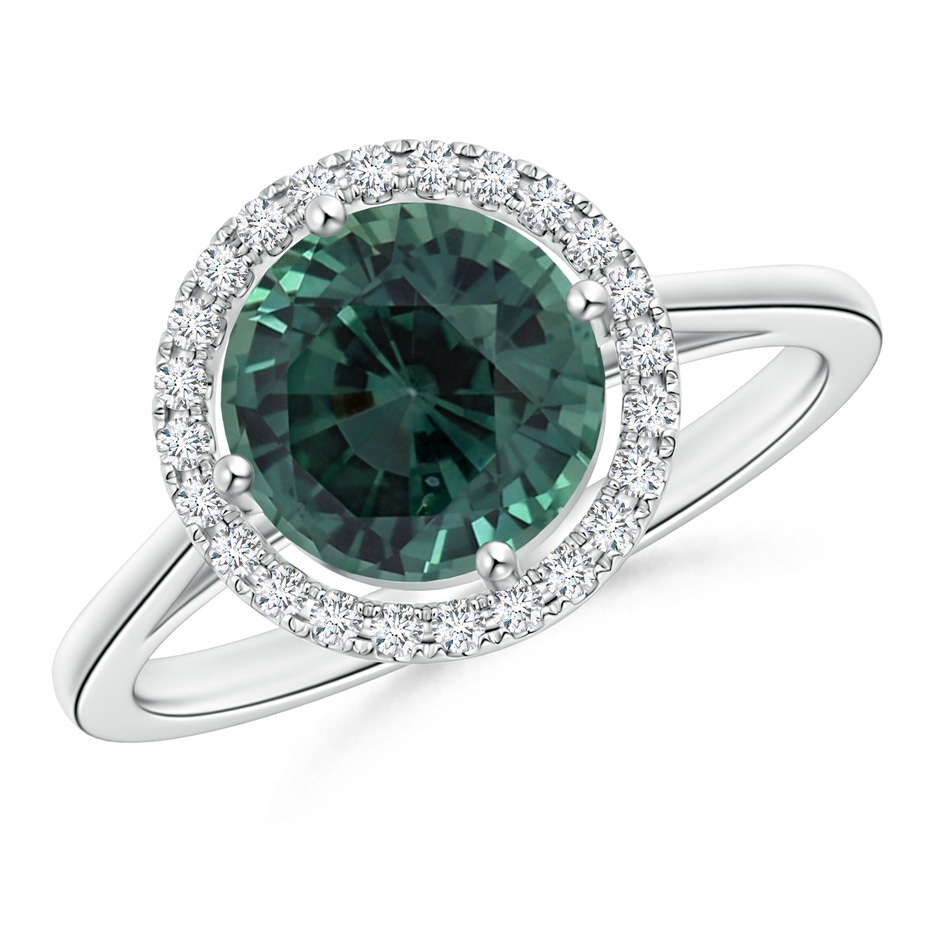 7.50-7.57x5.13mm AAA Floating GIA Certified Round Teal montana sapphire Ring with Diamond Halo in White Gold 