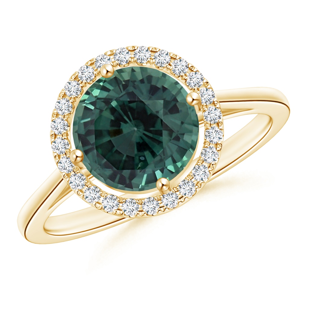 7.50-7.57x5.13mm AAA Floating GIA Certified Round Teal montana sapphire Ring with Diamond Halo in Yellow Gold