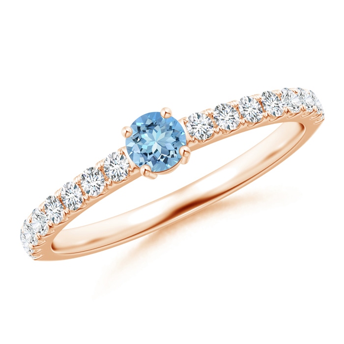 3.5mm AAAA Classic Solitaire Aquamarine Promise Ring with Pavé Diamonds in Rose Gold 