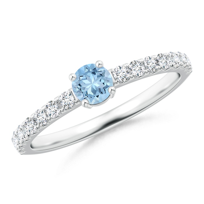 4mm AAA Classic Solitaire Aquamarine Promise Ring with Pavé Diamonds in White Gold 