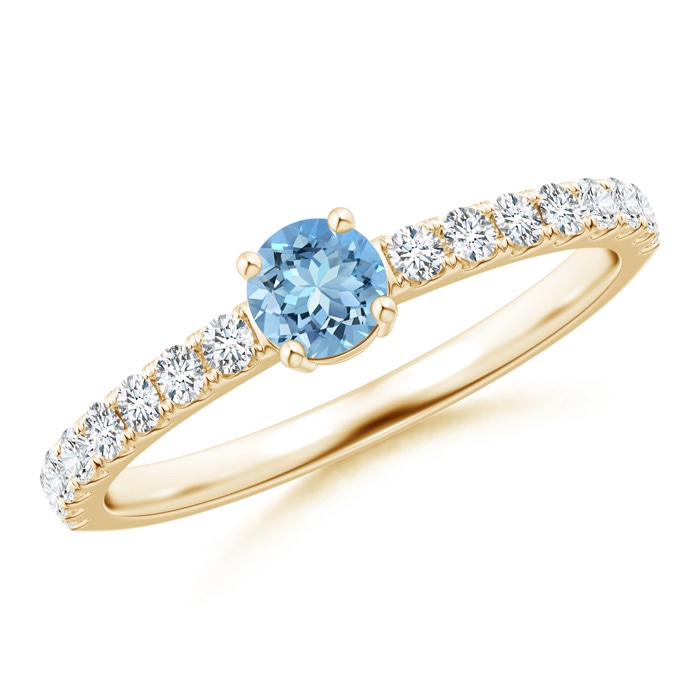 4mm AAAA Classic Solitaire Aquamarine Promise Ring with Pavé Diamonds in Yellow Gold 