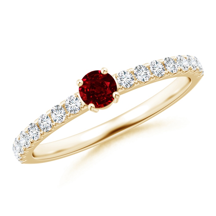 3.5mm AAAA Classic Solitaire Ruby Promise Ring with Pavé Diamonds in Yellow Gold