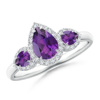 7x5mm AAA Claw-Set Pear Amethyst Three Stone Ring with Diamond Halo in White Gold