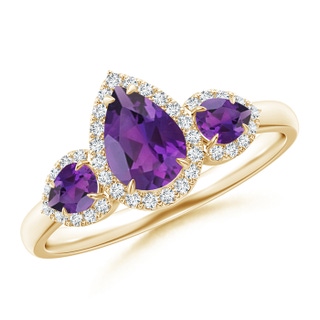 7x5mm AAA Claw-Set Pear Amethyst Three Stone Ring with Diamond Halo in Yellow Gold