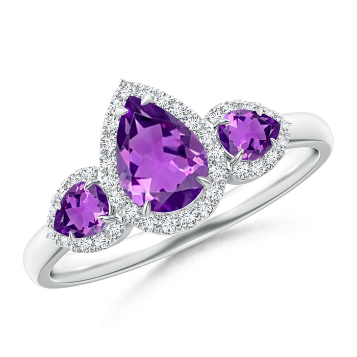 7x5mm AAAA Claw-Set Pear Amethyst Three Stone Ring with Diamond Halo in P950 Platinum