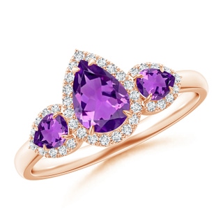 7x5mm AAAA Claw-Set Pear Amethyst Three Stone Ring with Diamond Halo in Rose Gold