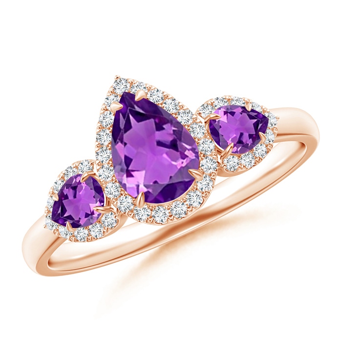 7x5mm AAAA Claw-Set Pear Amethyst Three Stone Ring with Diamond Halo in Rose Gold 