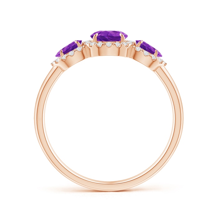 7x5mm AAAA Claw-Set Pear Amethyst Three Stone Ring with Diamond Halo in Rose Gold Product Image