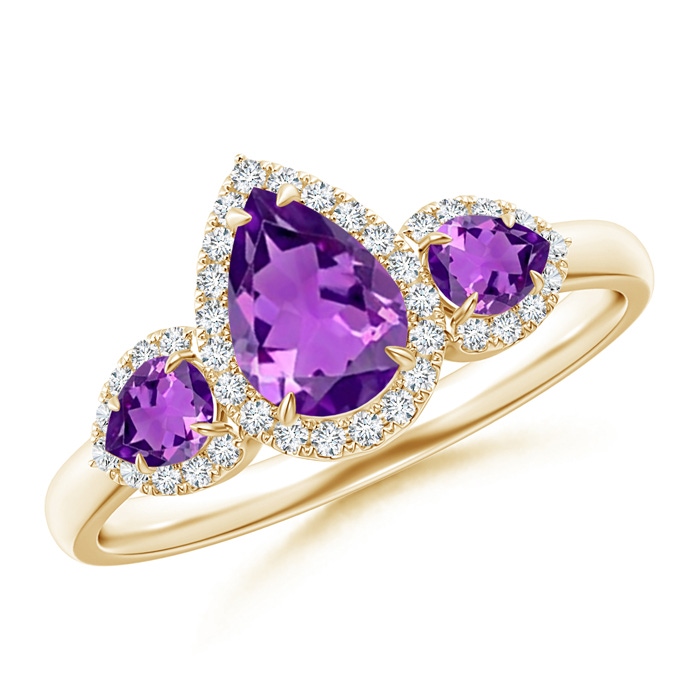 7x5mm AAAA Claw-Set Pear Amethyst Three Stone Ring with Diamond Halo in Yellow Gold