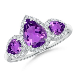 8x6mm AAAA Claw-Set Pear Amethyst Three Stone Ring with Diamond Halo in P950 Platinum