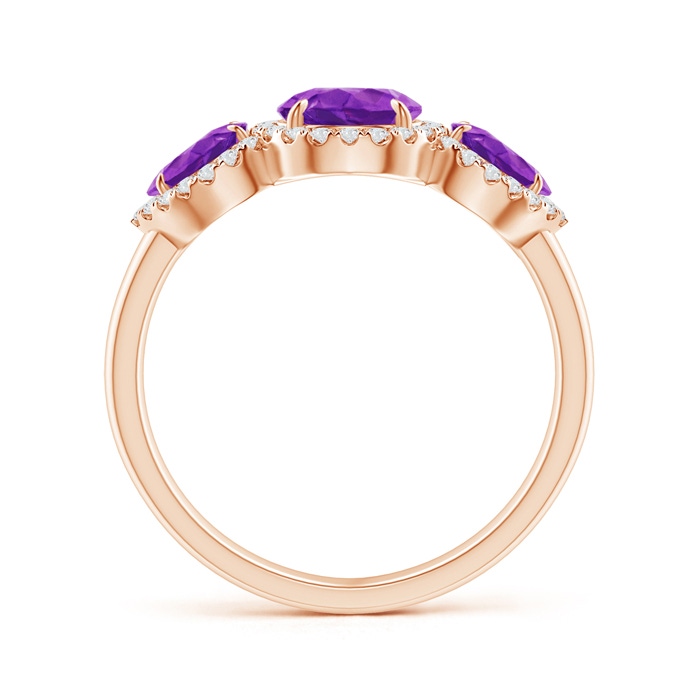 8x6mm AAAA Claw-Set Pear Amethyst Three Stone Ring with Diamond Halo in Rose Gold product image