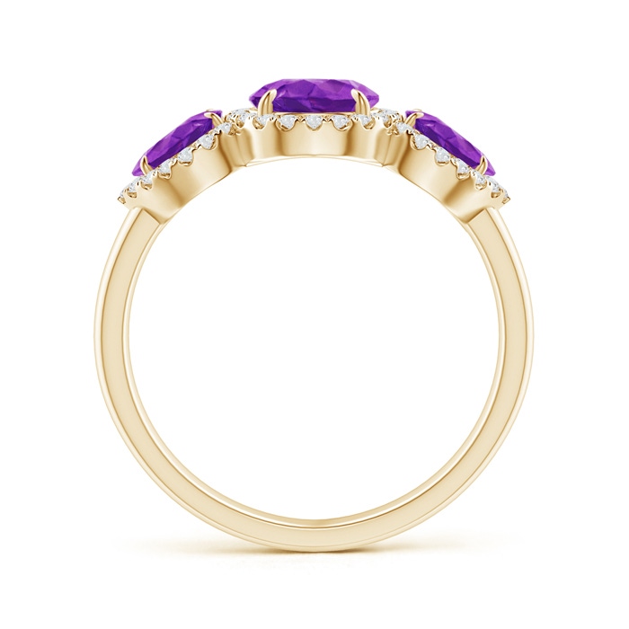 8x6mm AAAA Claw-Set Pear Amethyst Three Stone Ring with Diamond Halo in Yellow Gold product image