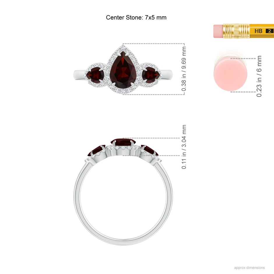 7x5mm A Claw-Set Pear Garnet Three Stone Ring with Diamond Halo in P950 Platinum product image