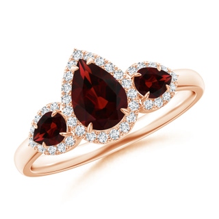 7x5mm AA Claw-Set Pear Garnet Three Stone Ring with Diamond Halo in Rose Gold