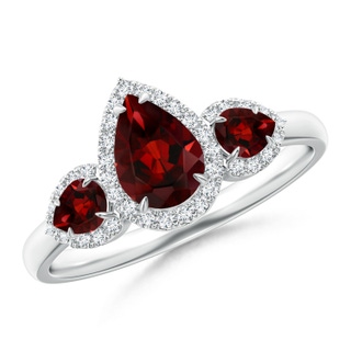 7x5mm AAA Claw-Set Pear Garnet Three Stone Ring with Diamond Halo in White Gold