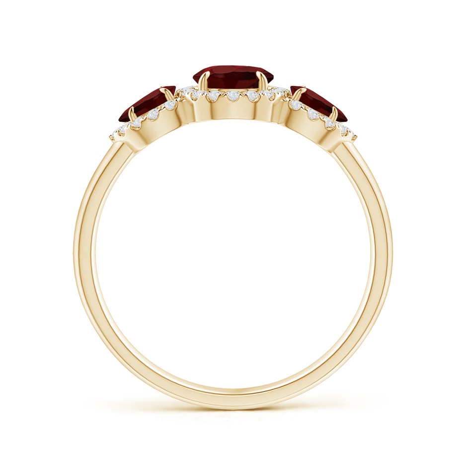 7x5mm AAA Claw-Set Pear Garnet Three Stone Ring with Diamond Halo in Yellow Gold product image