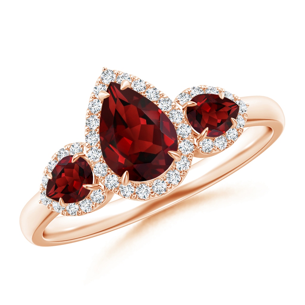 7x5mm AAAA Claw-Set Pear Garnet Three Stone Ring with Diamond Halo in Rose Gold