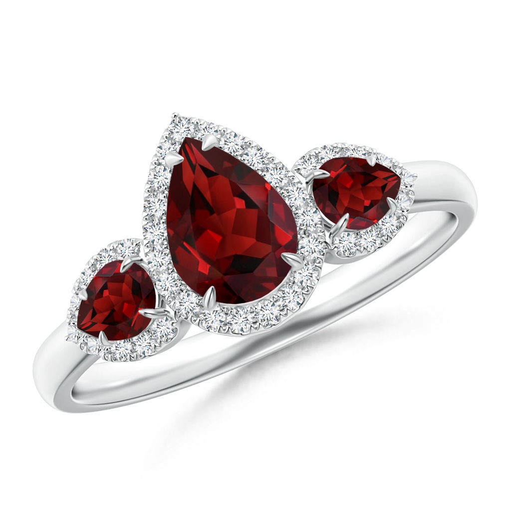 7x5mm AAAA Claw-Set Pear Garnet Three Stone Ring with Diamond Halo in White Gold