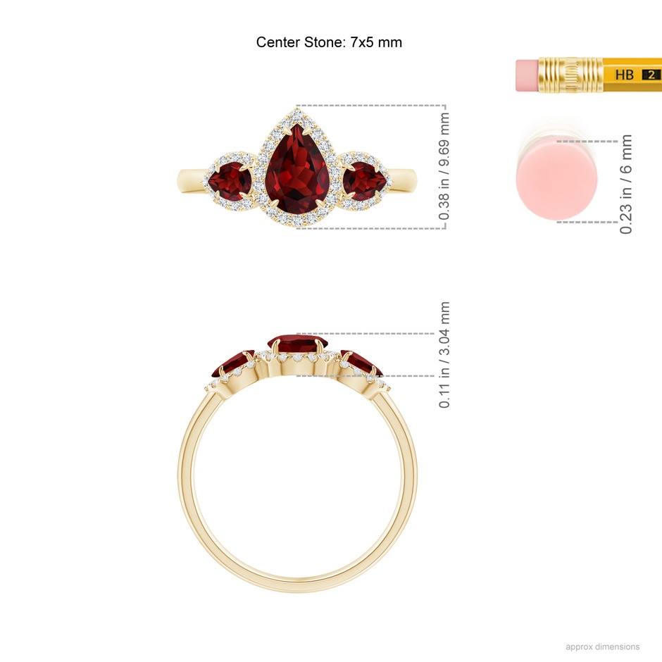 7x5mm AAAA Claw-Set Pear Garnet Three Stone Ring with Diamond Halo in Yellow Gold product image
