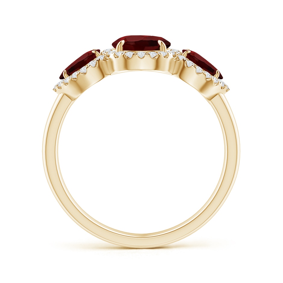 8x6mm AAA Claw-Set Pear Garnet Three Stone Ring with Diamond Halo in Yellow Gold product image