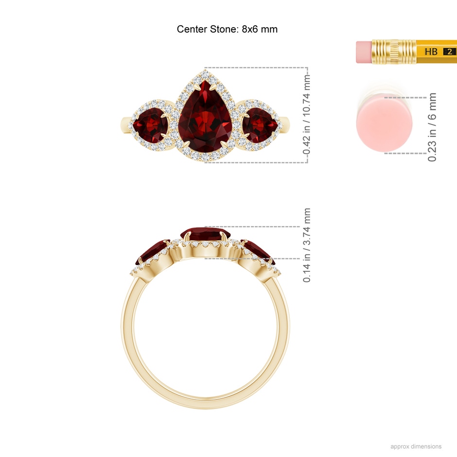 8x6mm AAA Claw-Set Pear Garnet Three Stone Ring with Diamond Halo in Yellow Gold product image