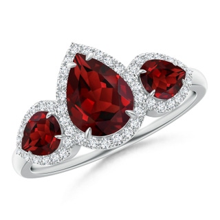 8x6mm AAAA Claw-Set Pear Garnet Three Stone Ring with Diamond Halo in P950 Platinum