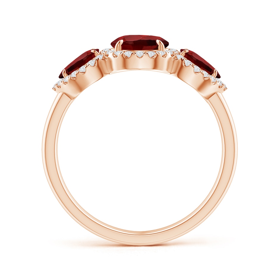 8x6mm AAAA Claw-Set Pear Garnet Three Stone Ring with Diamond Halo in Rose Gold product image
