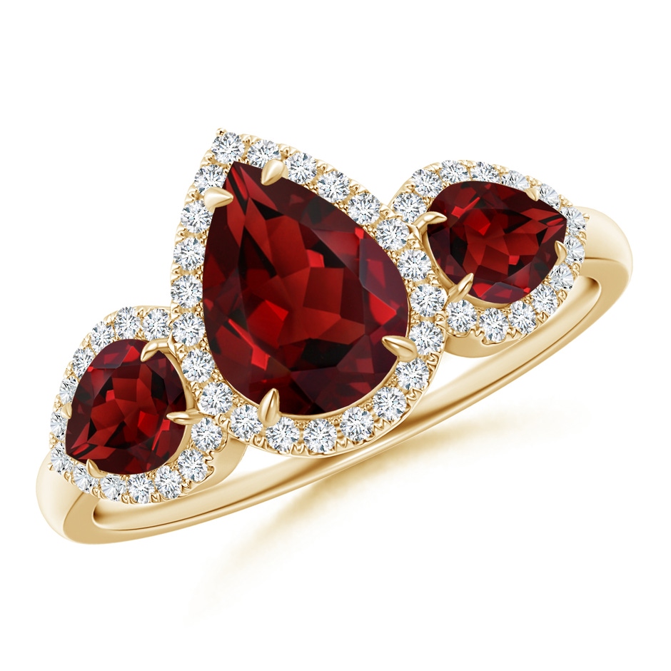 8x6mm AAAA Claw-Set Pear Garnet Three Stone Ring with Diamond Halo in Yellow Gold 