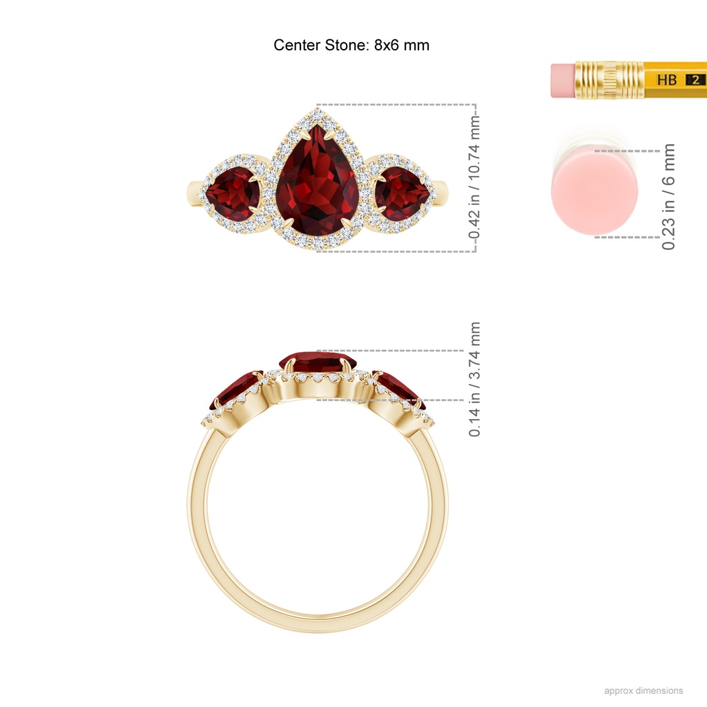 8x6mm AAAA Claw-Set Pear Garnet Three Stone Ring with Diamond Halo in Yellow Gold Product Image