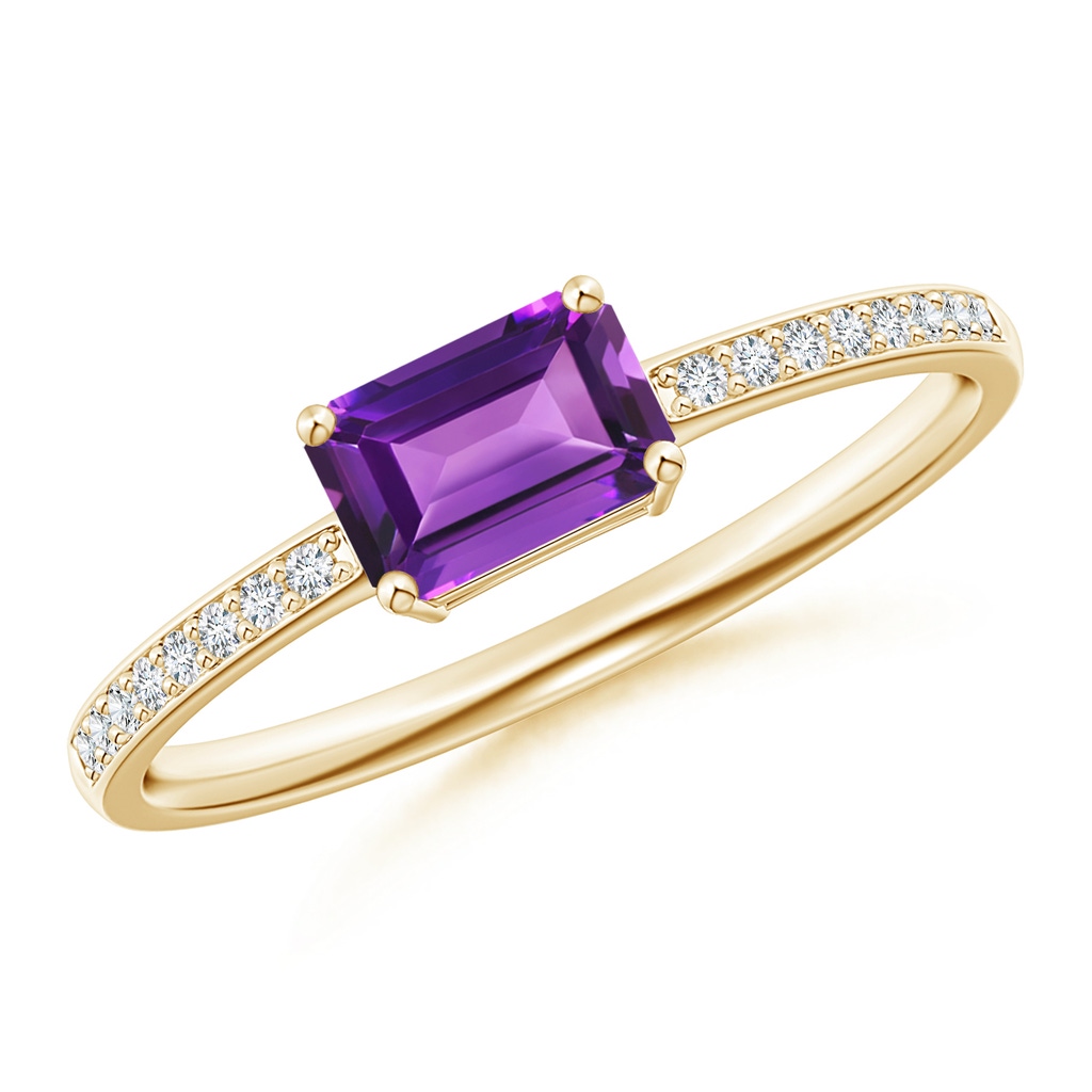 6x4mm AAAA East-West Emerald-Cut Amethyst Solitaire Ring in Yellow Gold