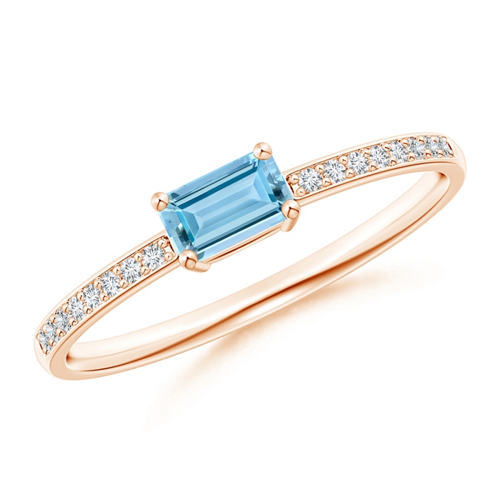 5x3mm AAAA East-West Emerald-Cut Aquamarine Solitaire Ring in Rose Gold