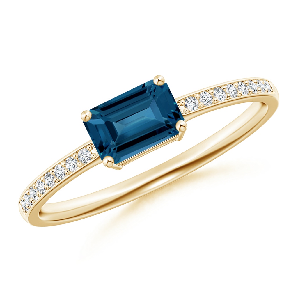 6x4mm AAA East-West Emerald-Cut London Blue Topaz Solitaire Ring in Yellow Gold