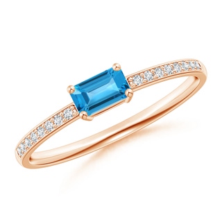 5x3mm AAA East-West Emerald-Cut Swiss Blue Topaz Solitaire Ring in Rose Gold