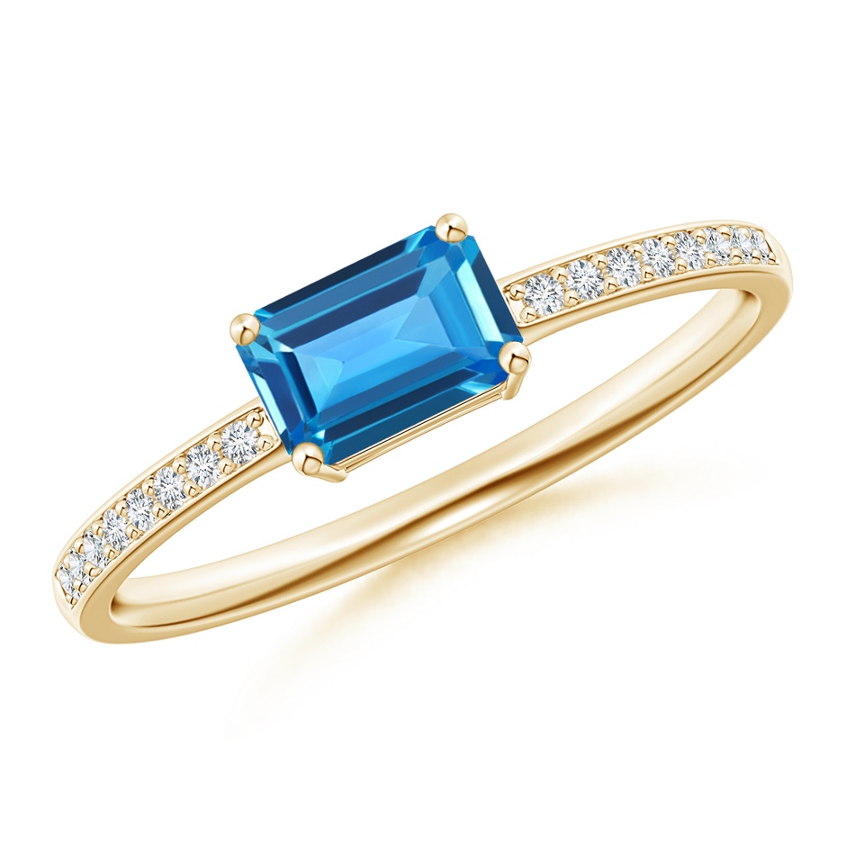 6x4mm AAAA East-West Emerald-Cut Swiss Blue Topaz Solitaire Ring in Yellow Gold 