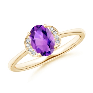 7x5mm AAA Solitaire Oval Amethyst and Diamond Collar Ring in Yellow Gold