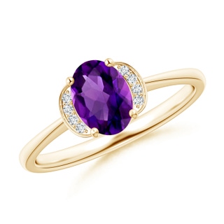 7x5mm AAAA Solitaire Oval Amethyst and Diamond Collar Ring in 9K Yellow Gold