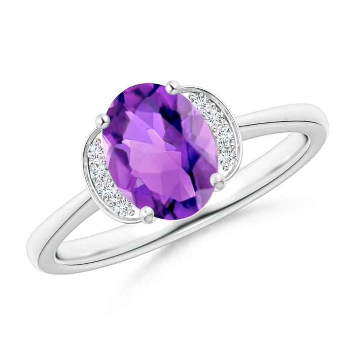 8x6mm AAA Solitaire Oval Amethyst and Diamond Collar Ring in White Gold 