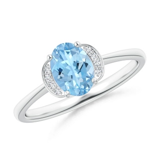 7x5mm AAAA Solitaire Oval Aquamarine and Diamond Collar Ring in White Gold