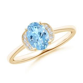 7x5mm AAAA Solitaire Oval Aquamarine and Diamond Collar Ring in Yellow Gold